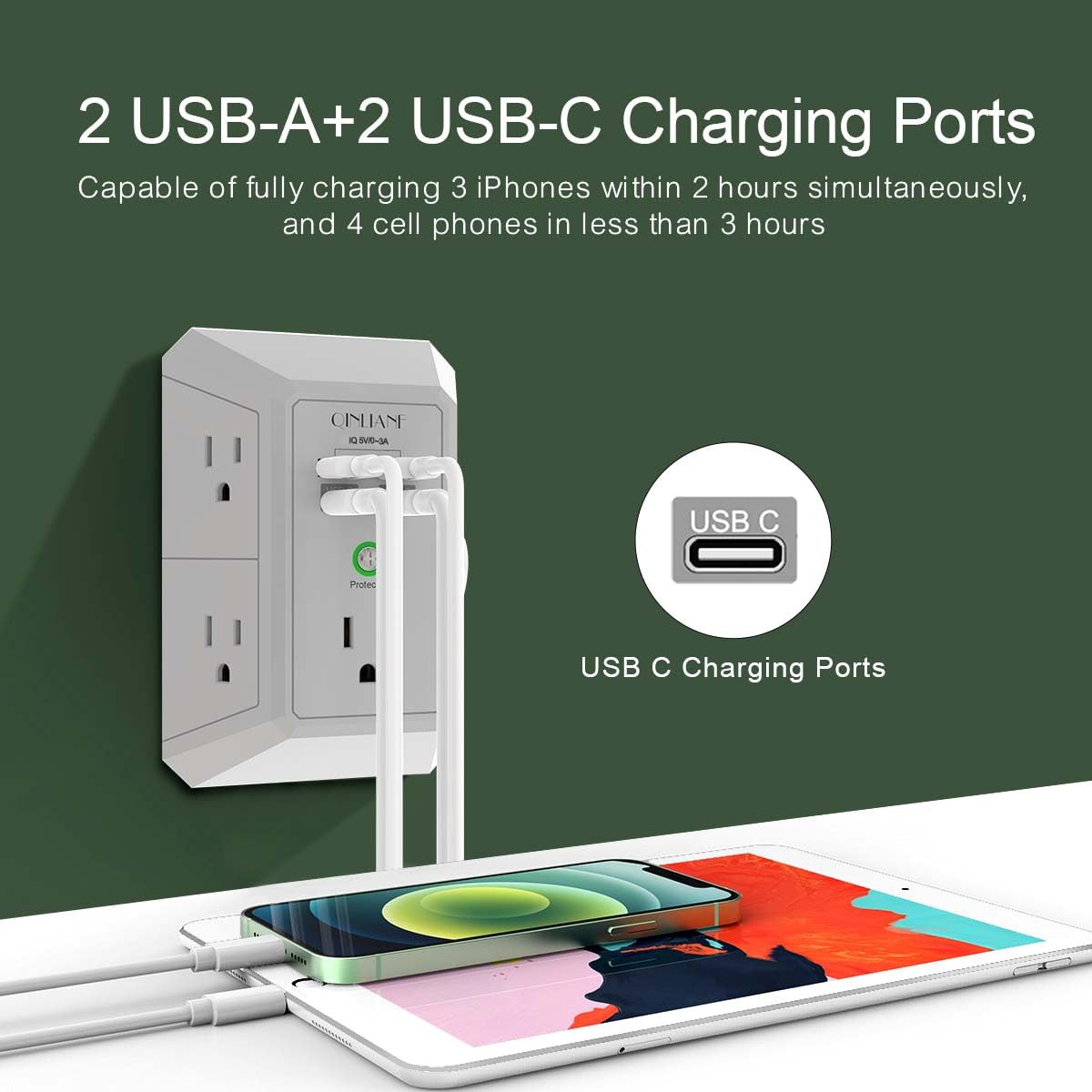 Surge Protector, QINLIANF 5 Outlet Extender with 4 USB Ports(2USB-C)