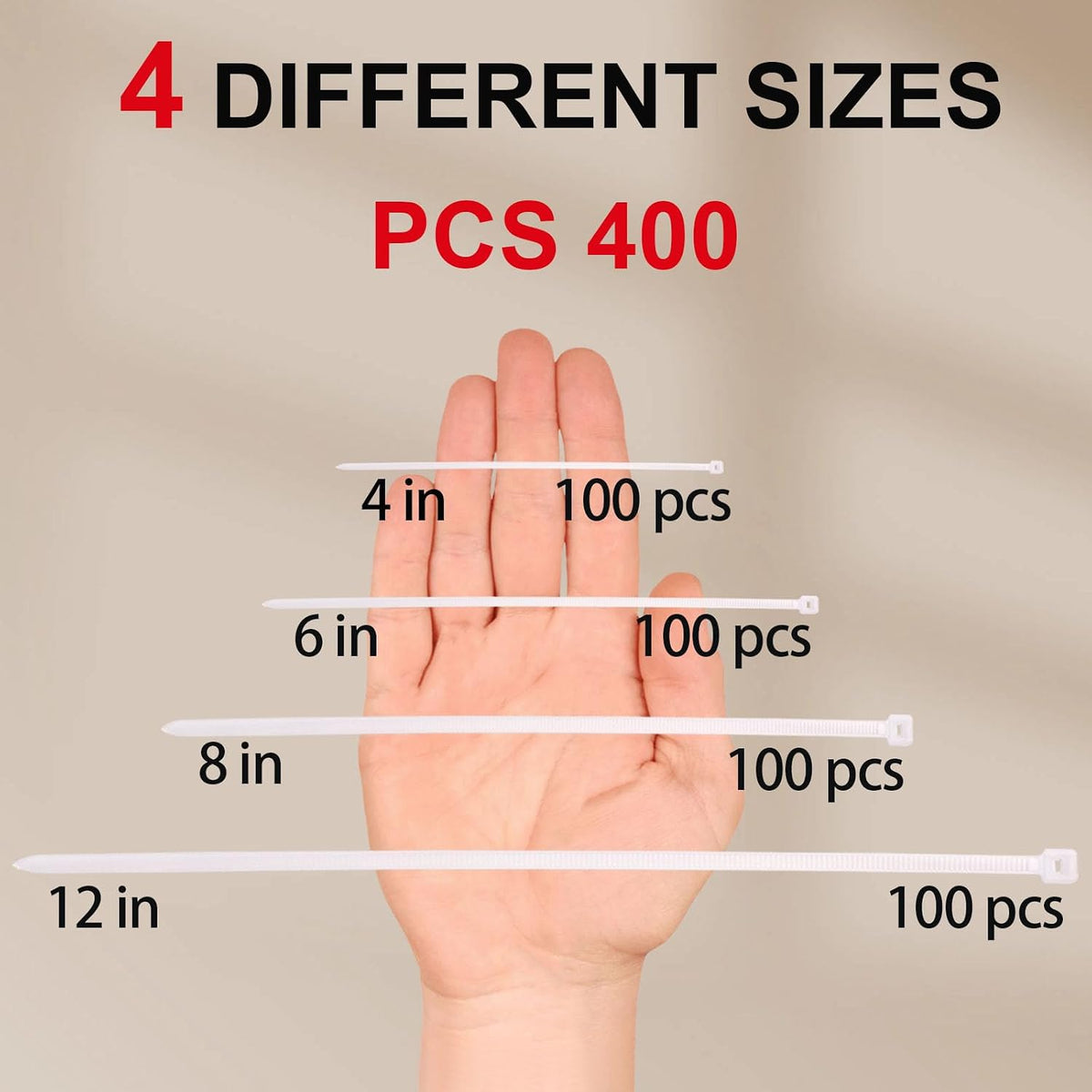 White Zip Ties Assorted Sizes 4+6+8+12 Inch, 400 Pack, Clear Zip Ties, White Cable Ties, Zipties Clear, UV Resistant Wire Ties, Plastic Ties, Tie Wraps Assorted Sizes, SiKuLin