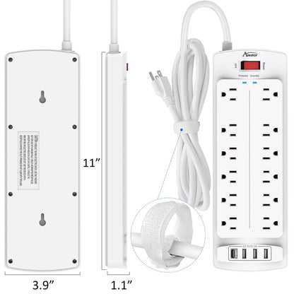 ALESTOR 10 Ft Surge Protector Power Strip with 12 Outlets and 4 USB Ports