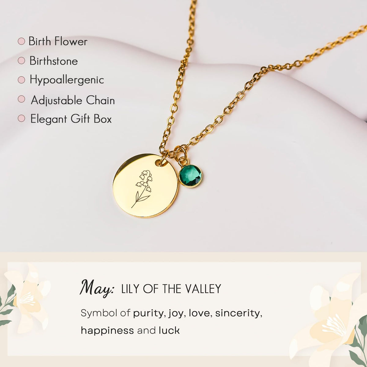 Birth Flower Necklaces for Women, 18K Gold Plated Birthstone Necklaces