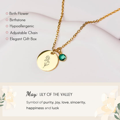 Birth Flower Necklaces for Women, 18K Gold Plated Birthstone Necklaces