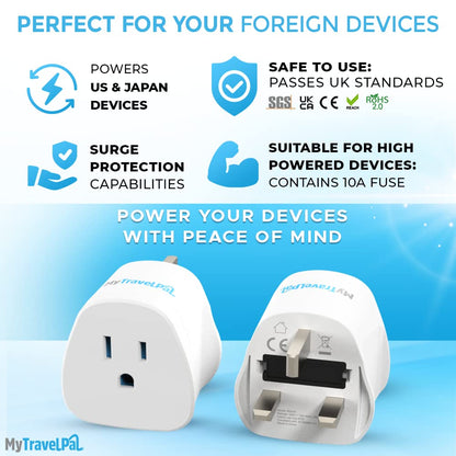 MyTravelPal US to UK Plug Adapter | UK Safety Standards | Grounded Type A/B