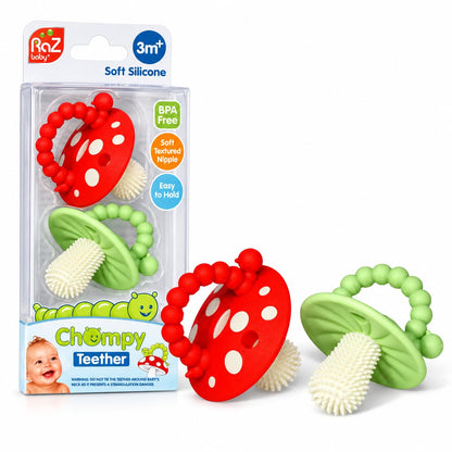 RaZbaby Soft Silicone Infant & Baby 3M+ Teether Toy Massaging Bristles Teething Relief Pacifier - Soothes Sore Gums - Hands-Free & Easy-to-Hold Chompy Teether, BPA Free (RED/Blue)