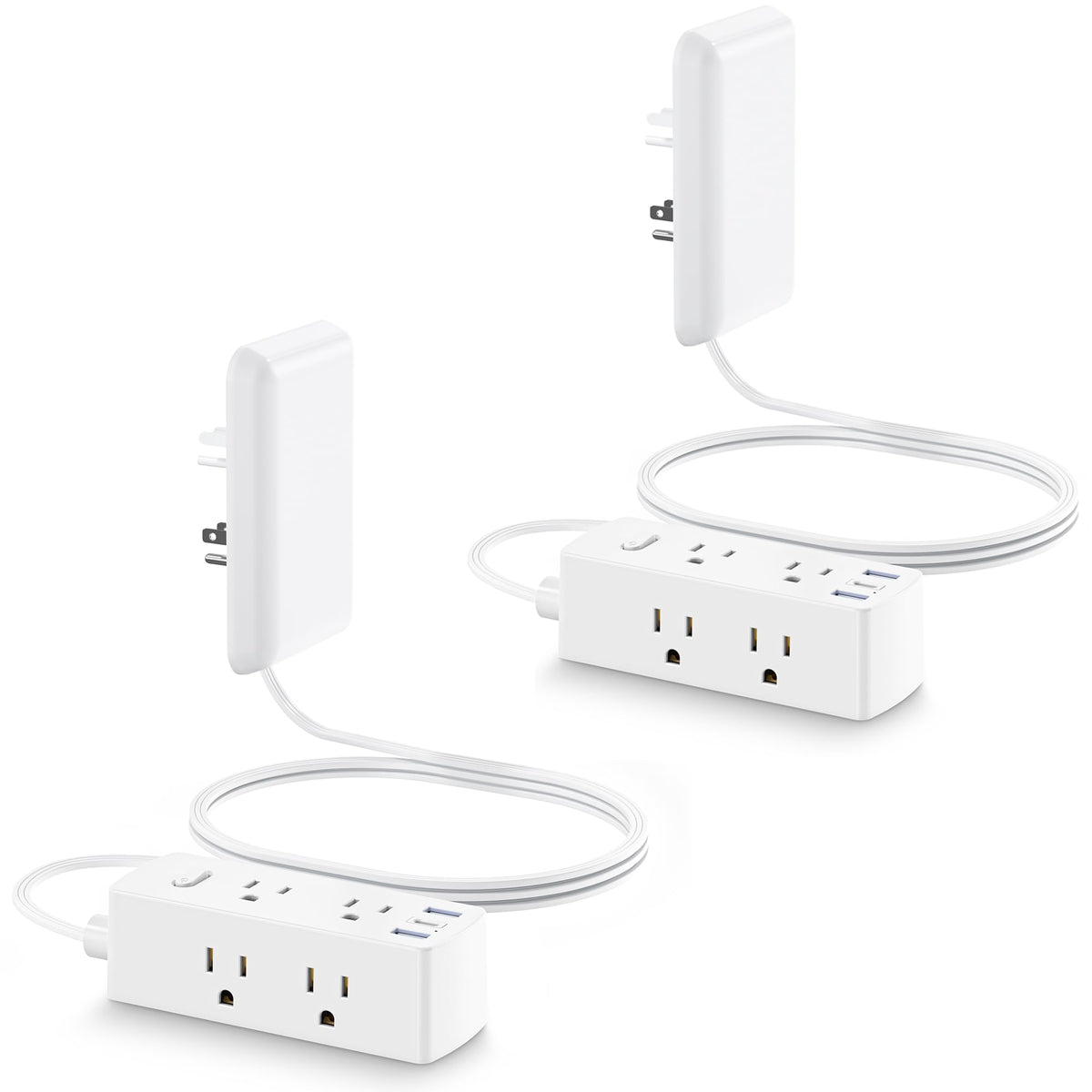Split Extension Cord with Outlet Cover (10FT, Dual 5FT), Flat Plug Power Strip with 6 Outlets and 3 USB Ports, Outlet Extender for Tight Spaces