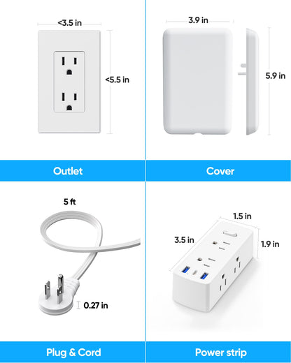 Split Extension Cord with Outlet Cover (10FT, Dual 5FT), Flat Plug Power Strip with 6 Outlets and 3 USB Ports, Outlet Extender for Tight Spaces