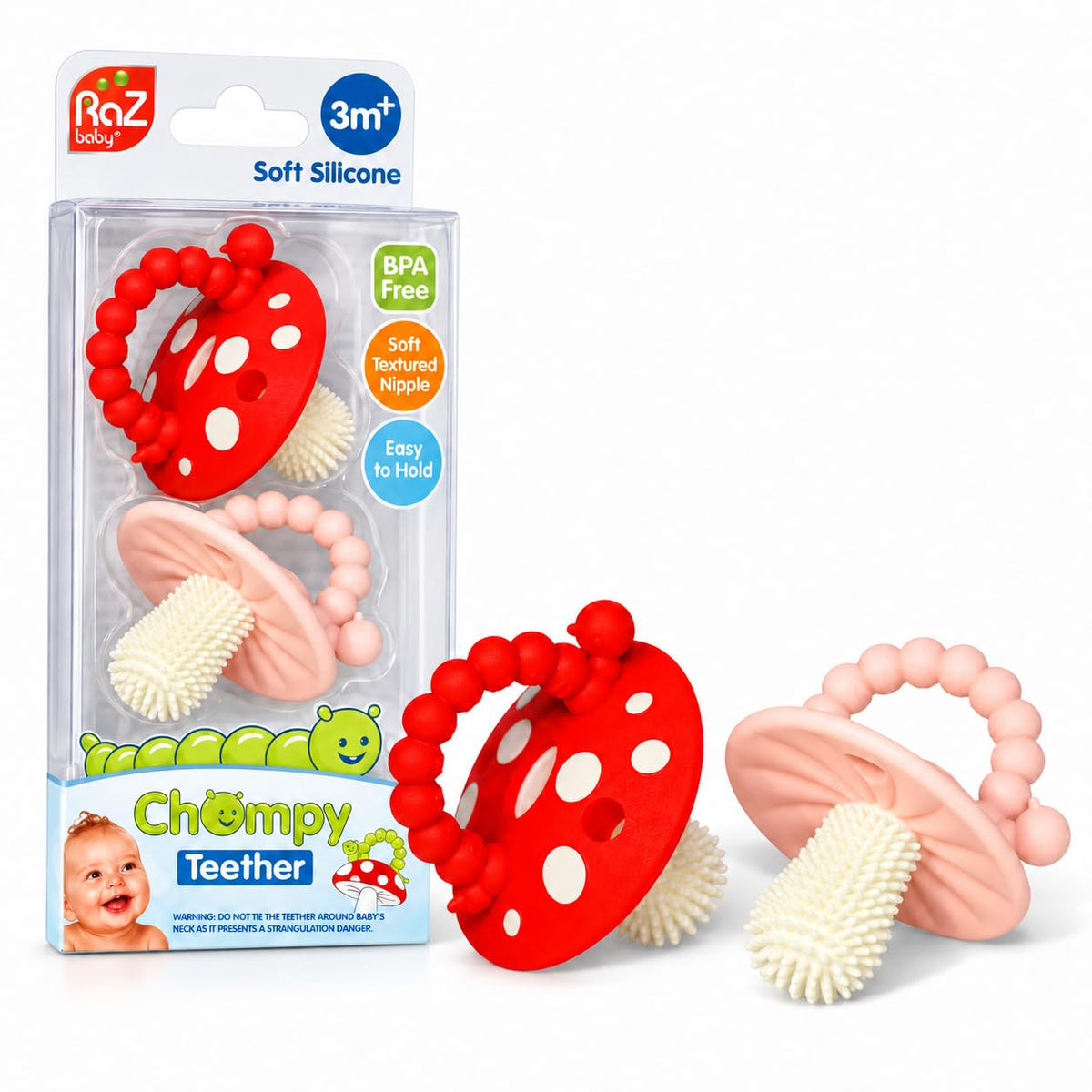 RaZbaby Soft Silicone Infant & Baby 3M+ Teether Toy Massaging Bristles Teething Relief Pacifier - Soothes Sore Gums - Hands-Free & Easy-to-Hold Chompy Teether, BPA Free (RED/Blue)