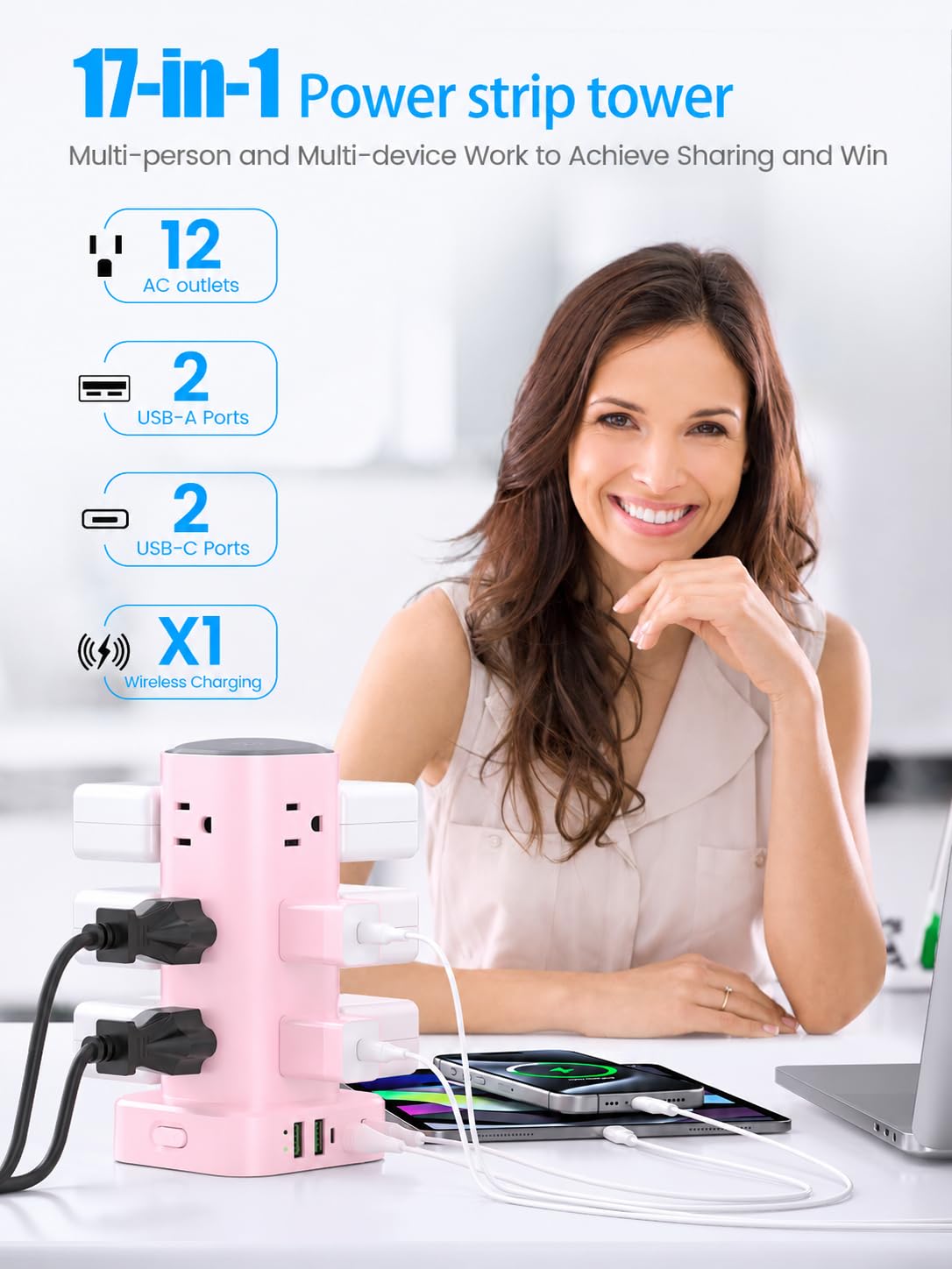 6FT Power Strip Tower Surge Protector, 12 Wide Spaced Outlets, 4 USB