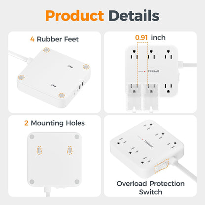 TESSAN Surge Protector Power Strip, 5Ft Flat Plug Extension Cord, White