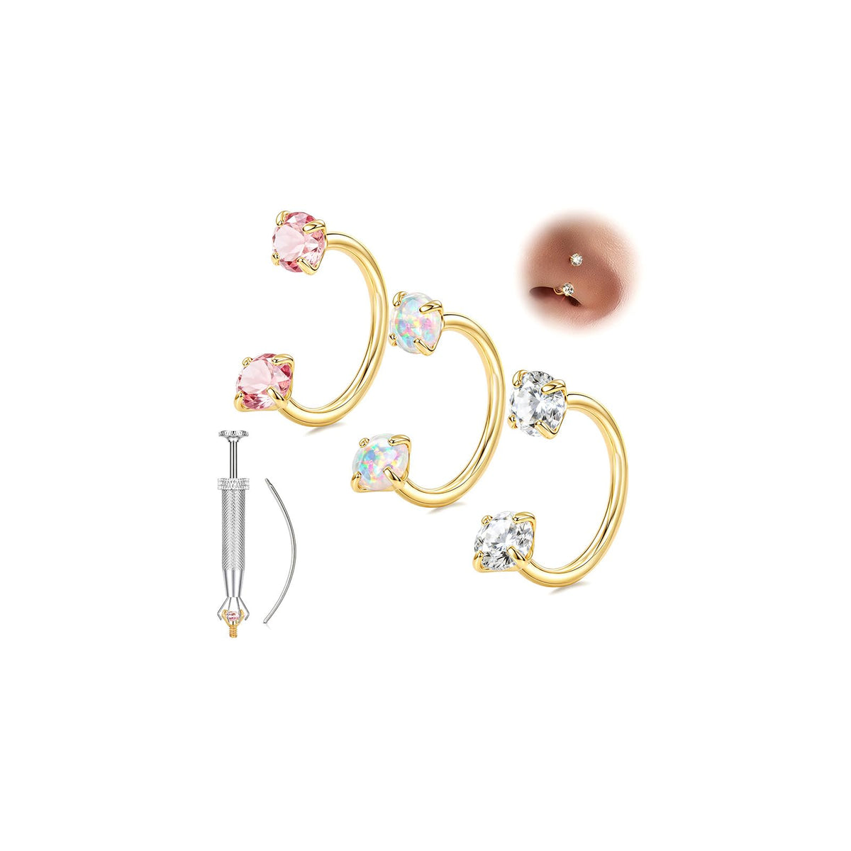 Horseshoe Nose Ring 20g 18g Gold Silver Opal CZ Double Gem Nose Rings Studs for Women Men 7mm 8mm Hypoallergenic Hoop Earrings Cartilage Helix Tragus Nostril Septum Daith Piercing Jewelry