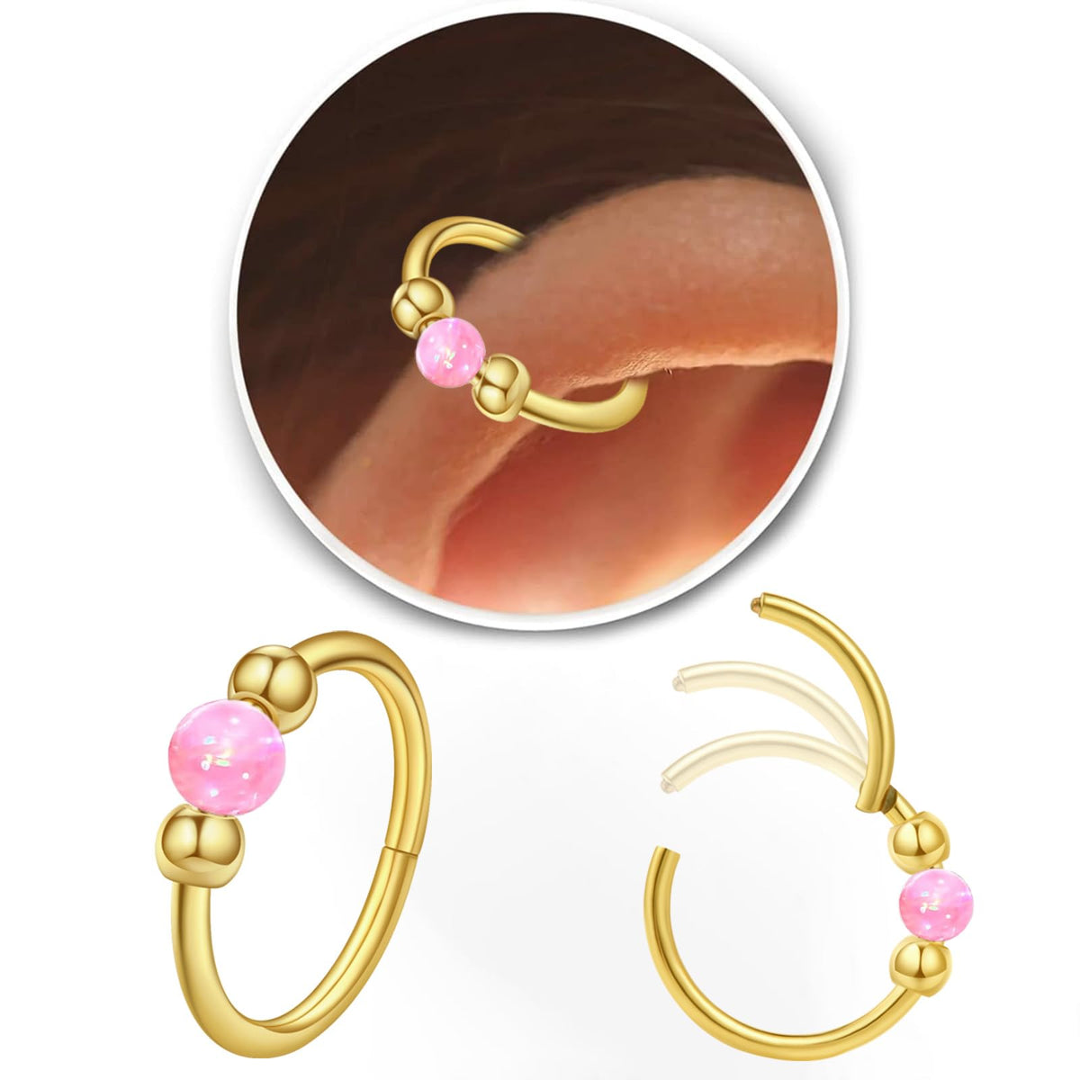 2PCS 18G Opal Cartilage Hoop Earrings, Hypoallergenic Silver Huggie Hoops