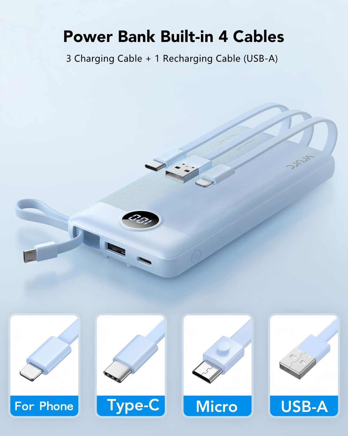VRURC Portable Charger, Built in 4 Cables & Lanyard Power Bank 10000mAh