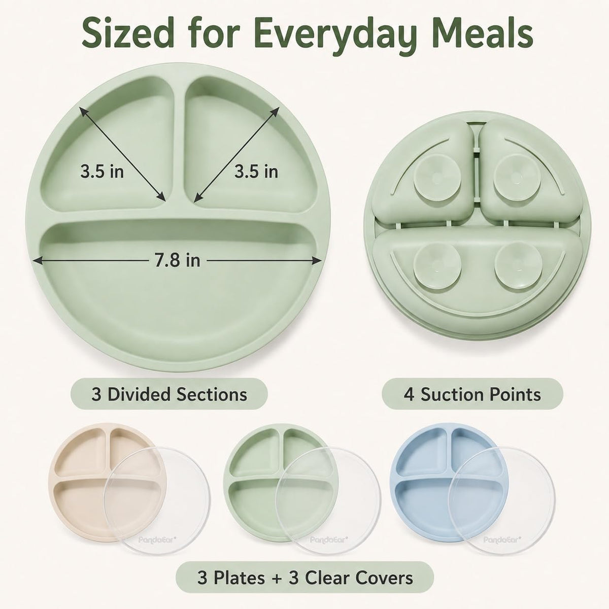PandaEar 3 Pack Toddler Plates, Silicone Divided Suction Plate for Babies, BPA-Free 100% Food-Grade Silicone Unbreakable Baby Plate (Pink/Purple/Blue, Without Lids)