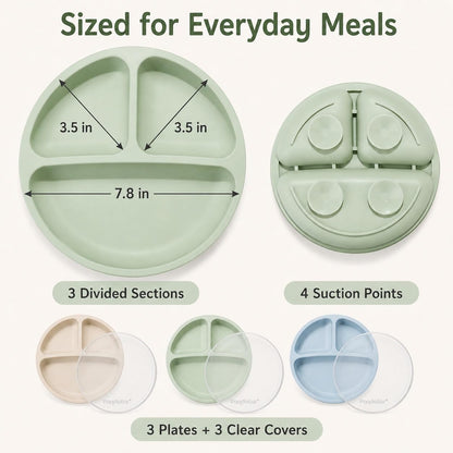 PandaEar 3 Pack Toddler Plates, Silicone Divided Suction Plate for Babies, BPA-Free 100% Food-Grade Silicone Unbreakable Baby Plate (Pink/Purple/Blue, Without Lids)
