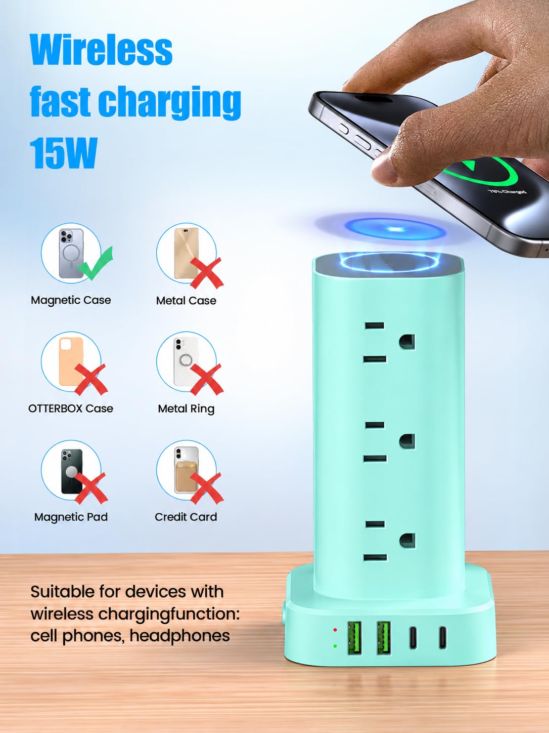 6FT Power Strip Tower Surge Protector, 12 Wide Spaced Outlets, 4 USB