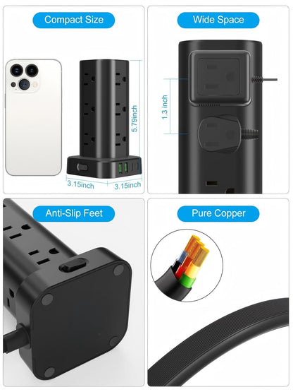 6FT Power Strip Tower Surge Protector, 12 Wide Spaced Outlets, 4 USB