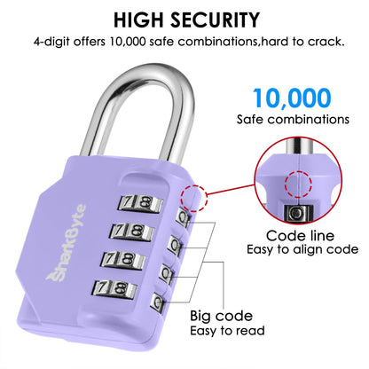 SharkByte Heavy Duty Combination Padlock – 4-Digit Weatherproof Outdoor Lock with Stainless Steel Shackle, Anti-Rust Resettable Code for Gym, School, Locker, Shed, Toolbox, Gate & Warehouse - Purple