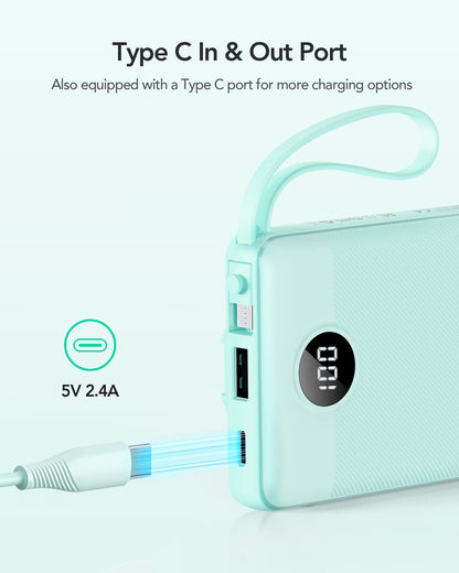 VRURC Portable Charger, Built in 4 Cables & Lanyard Power Bank 10000mAh