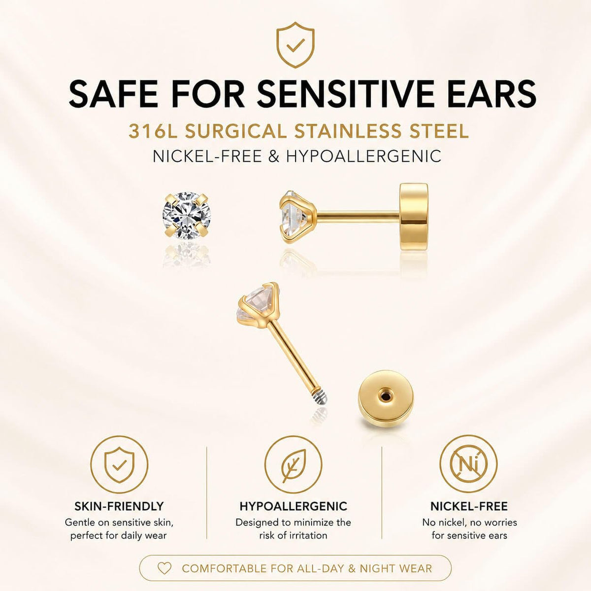 Renkovte Dainty Flat Back Screw Back CZ Stud Earrings | Hypoallergenic 316L Stainless Steel | 5A CZ Sparkle | Secure Screw-On Design | Perfect for Cartilage & Sensitive Ears (Silver Color)