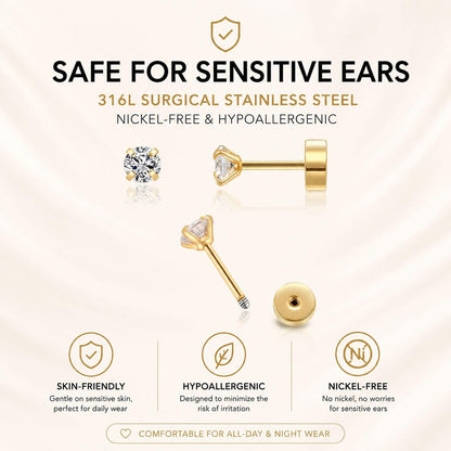 Renkovte Dainty Flat Back Screw Back CZ Stud Earrings | Hypoallergenic 316L Stainless Steel | 5A CZ Sparkle | Secure Screw-On Design | Perfect for Cartilage & Sensitive Ears (Silver Color)