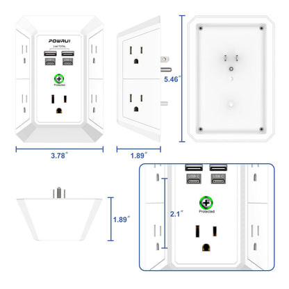 Multi Plug Wall Outlet Night Light, POWRUI 6 Outlet Extender & 3 USB Ports
