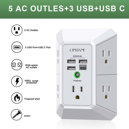 Surge Protector, QINLIANF 5 Outlet Extender with 4 USB Ports(2USB-C)