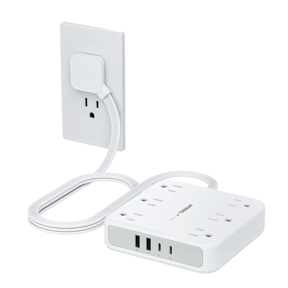 TESSAN Surge Protector Power Strip, 5Ft Flat Plug Extension Cord, White
