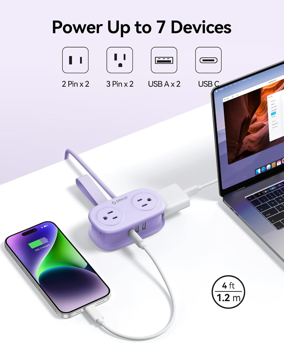 ORICO Purple Cruise Approved Travel Power Strip with 4FT Extension Cord