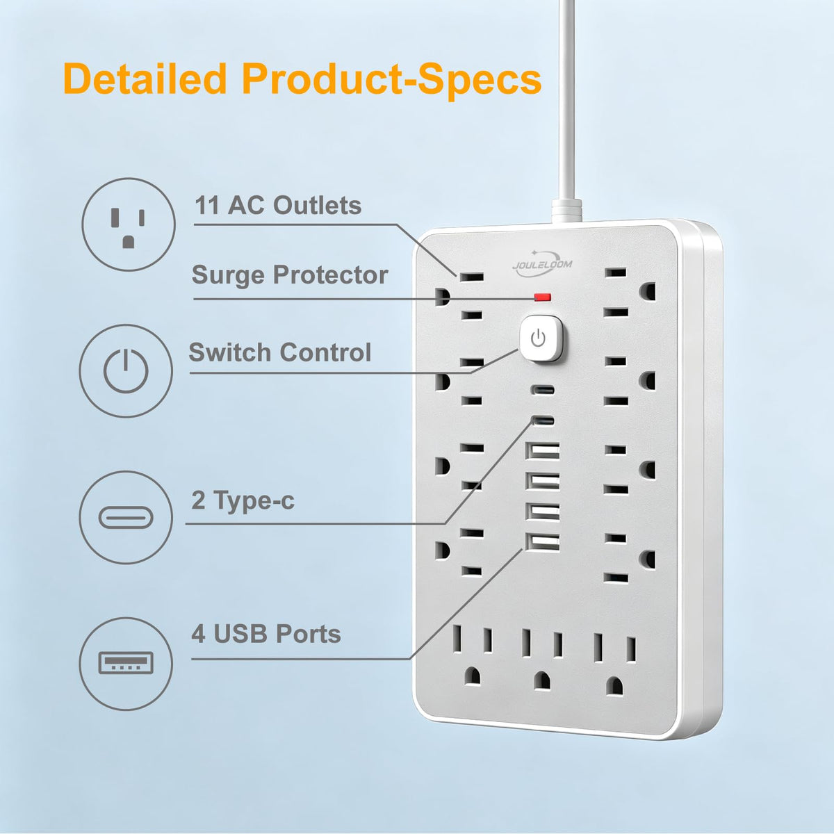 6 FT Flat Plug Surge Protector Power Strip,11 AC Outlets with 6 USB Ports