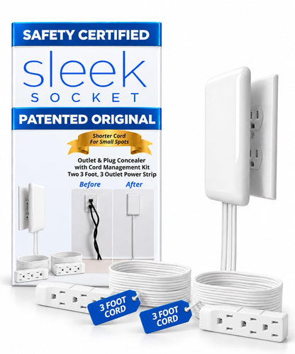 Sleek Socket Original & Patented Ultra-Thin Outlet Concealer with Cord Concealer Kit, Flat Extension Cord with Multi Outlets Power Strip, Ideal for Home Improvement, Hide Bulky and Messy Cords