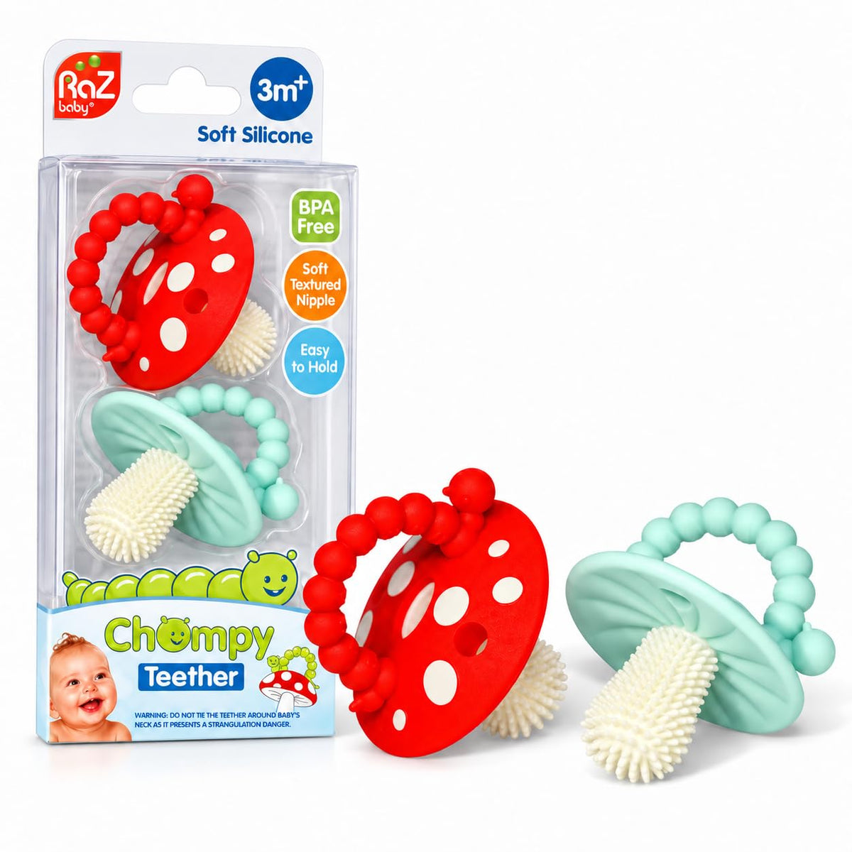 RaZbaby Soft Silicone Infant & Baby 3M+ Teether Toy Massaging Bristles Teething Relief Pacifier - Soothes Sore Gums - Hands-Free & Easy-to-Hold Chompy Teether, BPA Free (RED/Blue)