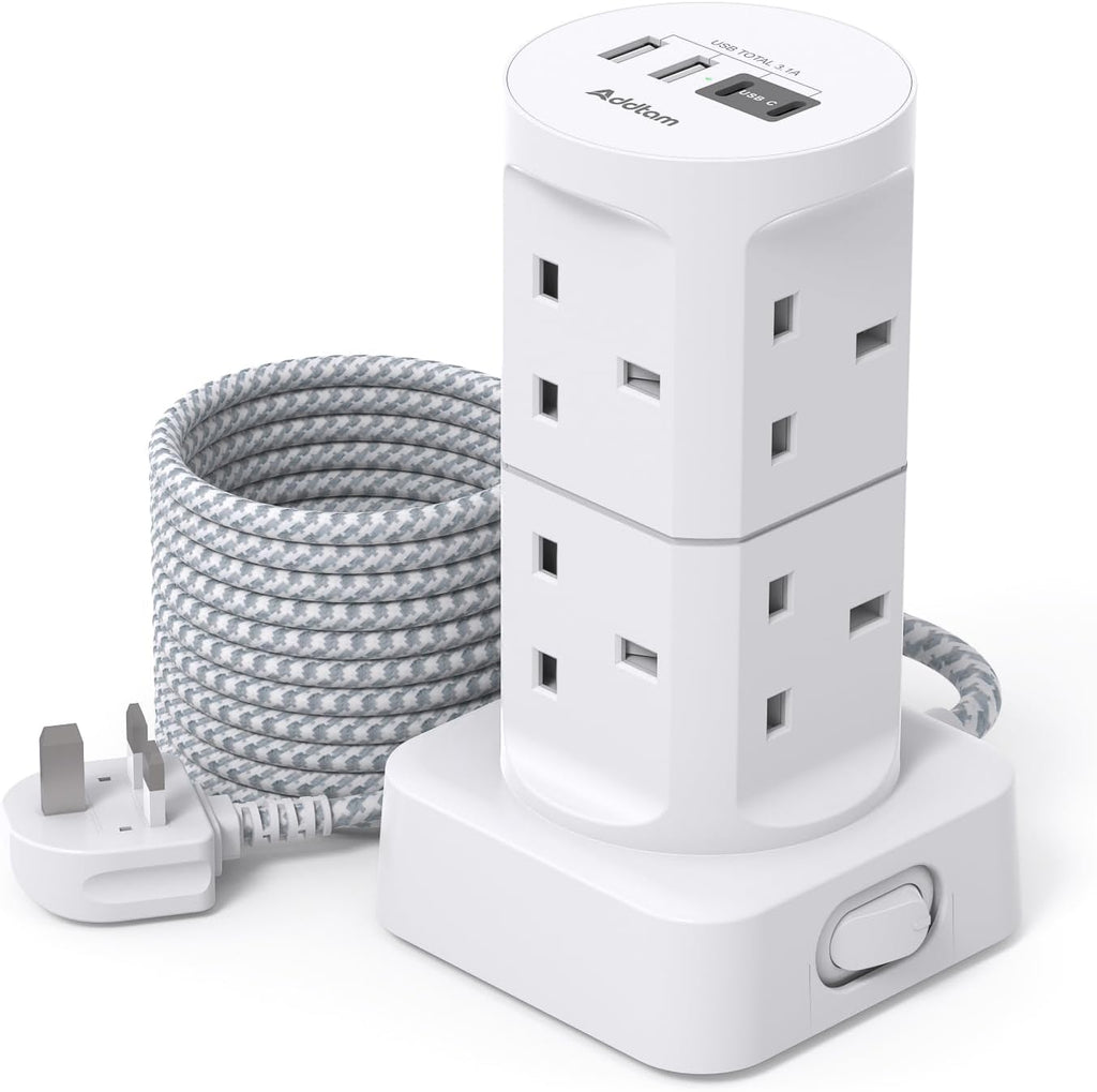 Tower Extension Lead with USB Slots, 8 Way Multi Plug Extension Tower &4USB