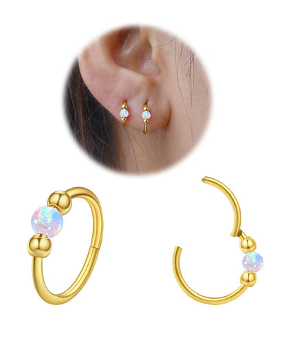 2PCS 18G Opal Cartilage Hoop Earrings, Hypoallergenic Silver Huggie Hoops