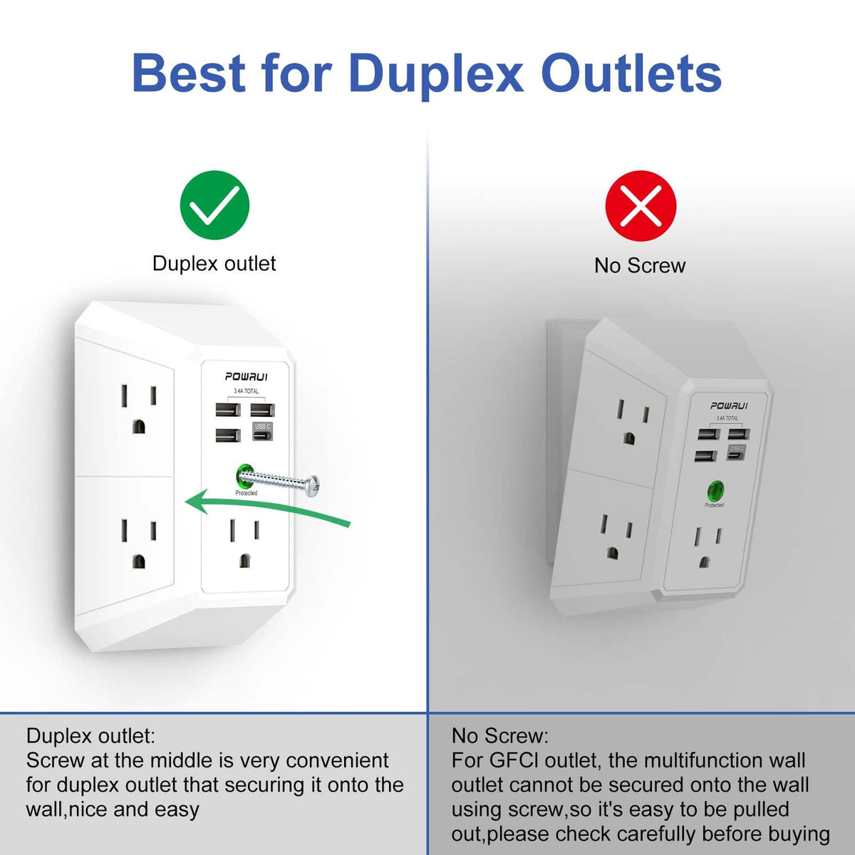 Multi Plug Wall Outlet Night Light, POWRUI 6 Outlet Extender & 3 USB Ports