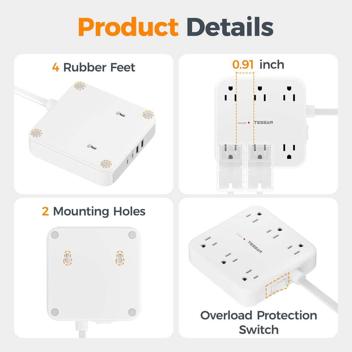 TESSAN Surge Protector Power Strip, 5Ft Flat Plug Extension Cord, White