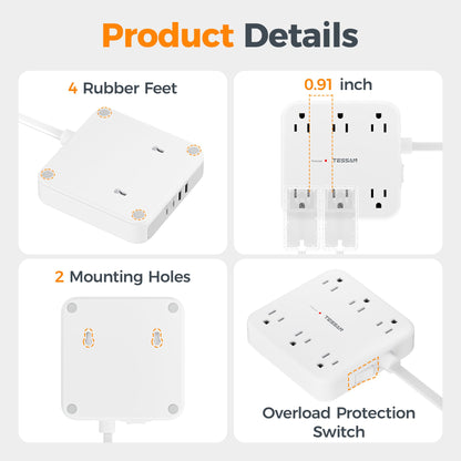 TESSAN Surge Protector Power Strip, 5Ft Flat Plug Extension Cord, White