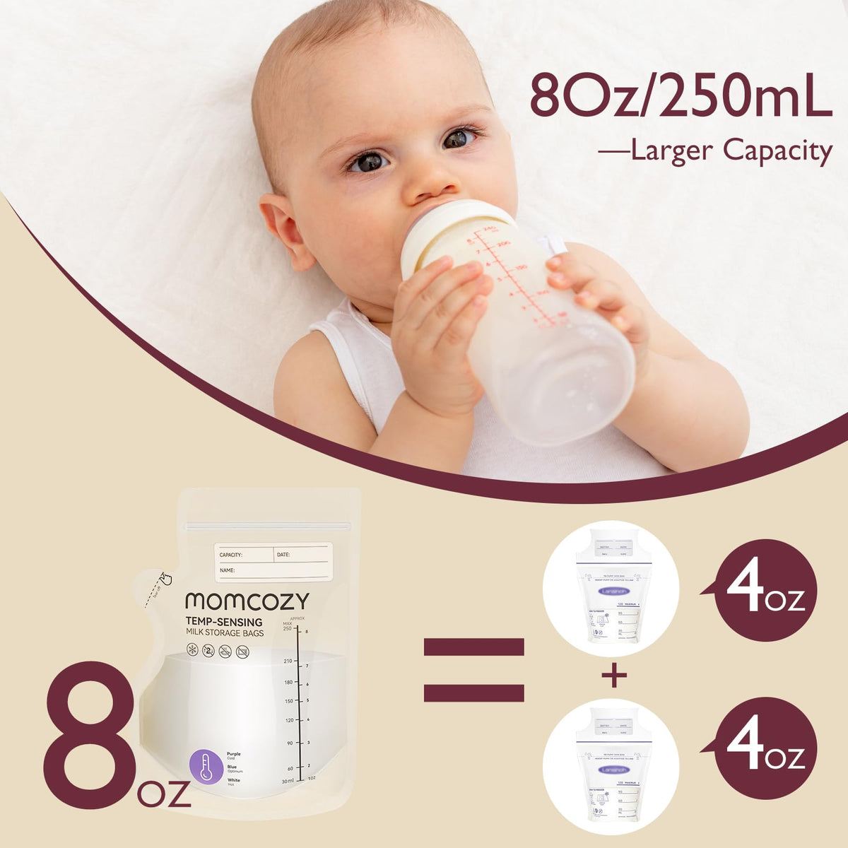 Momcozy Breastmilk Storing Bags, Temp-Sensing Breastfeeding, 6oz 120pcs