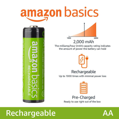 Amazon Basics 16-Pack Rechargeable AA NiMH Batteries, 2000 mAh, 1.2V, Recharge up to 1000x Times, Pre-Charged