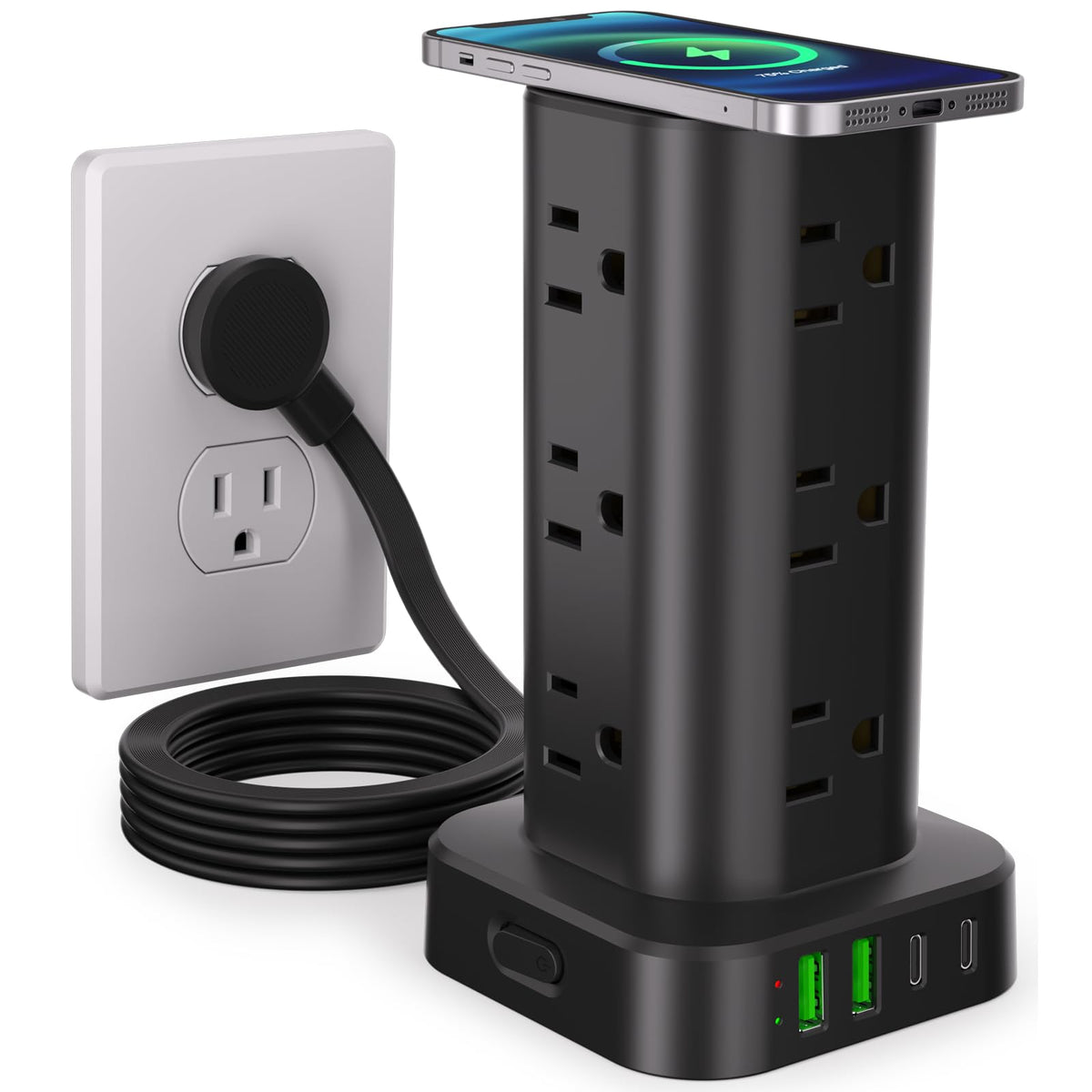 6FT Power Strip Tower Surge Protector, 12 Wide Spaced Outlets, 4 USB