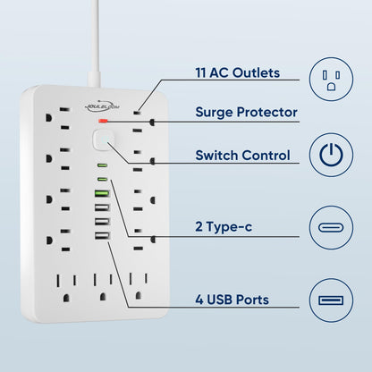6 FT Flat Plug Surge Protector Power Strip,11 AC Outlets with 6 USB Ports