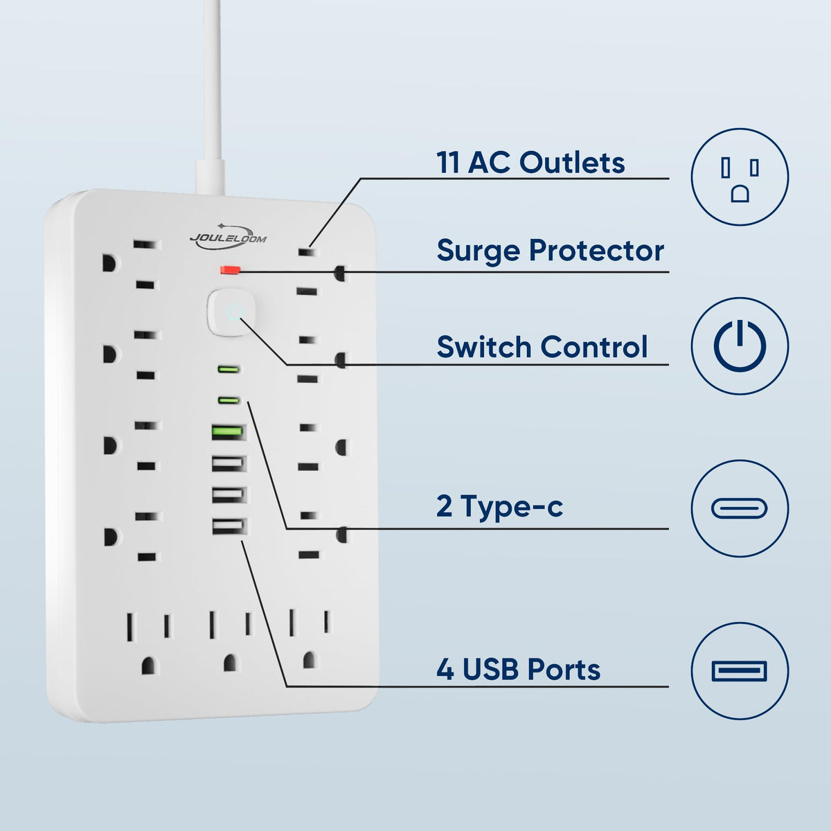 6 FT Flat Plug Surge Protector Power Strip,11 AC Outlets with 6 USB Ports
