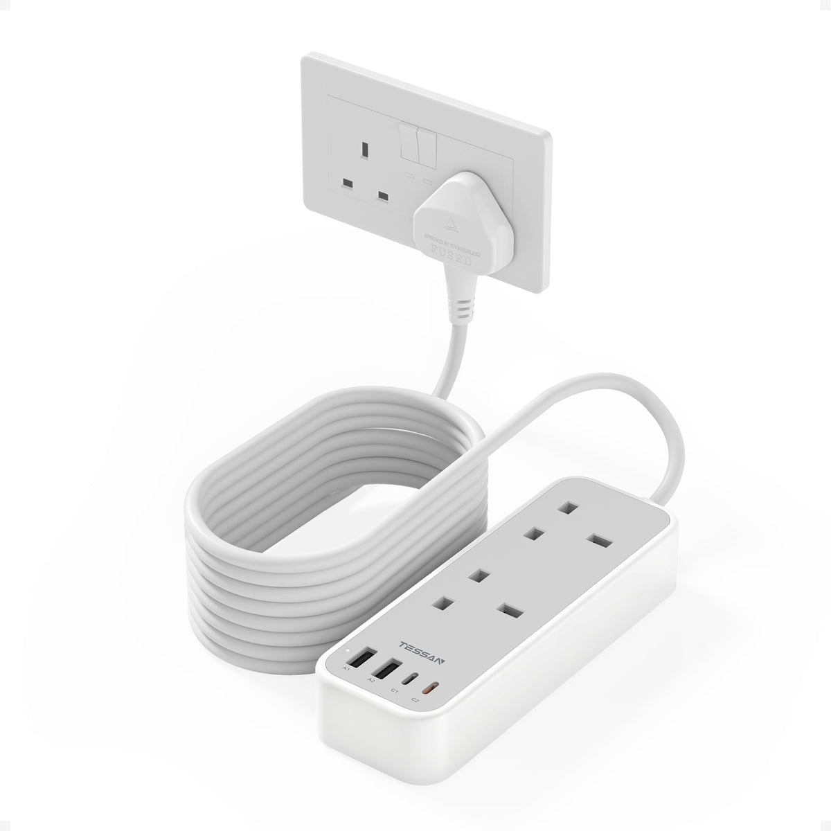TESSAN 1.5M Extension Lead with PD 20W USB C Charger (4 USB Slots)