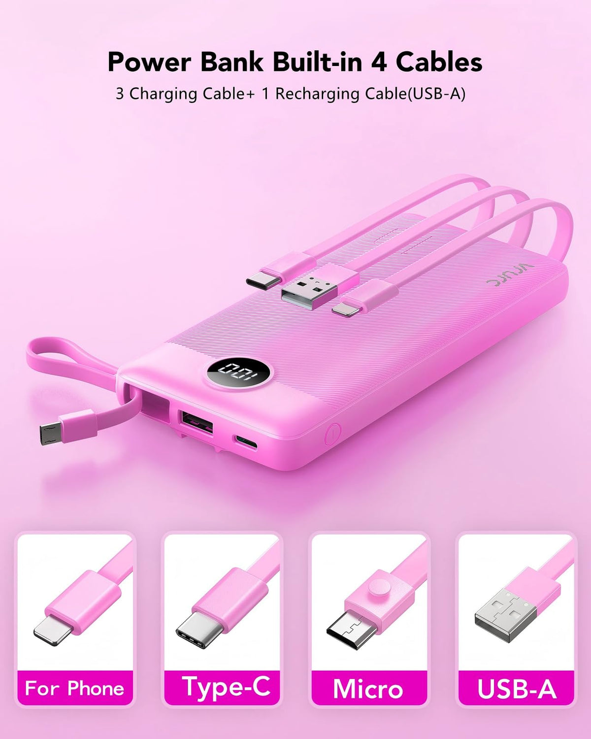 VRURC Portable Charger, Built in 4 Cables & Lanyard Power Bank 10000mAh
