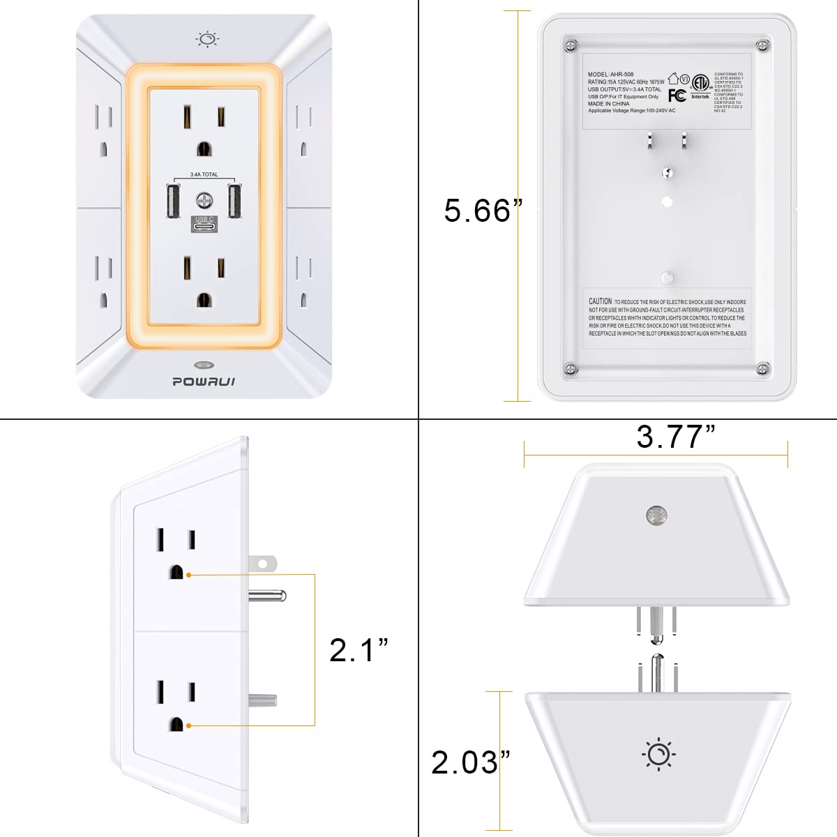 Multi Plug Wall Outlet Night Light, POWRUI 6 Outlet Extender & 3 USB Ports