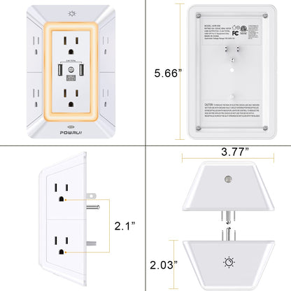 Multi Plug Wall Outlet Night Light, POWRUI 6 Outlet Extender & 3 USB Ports