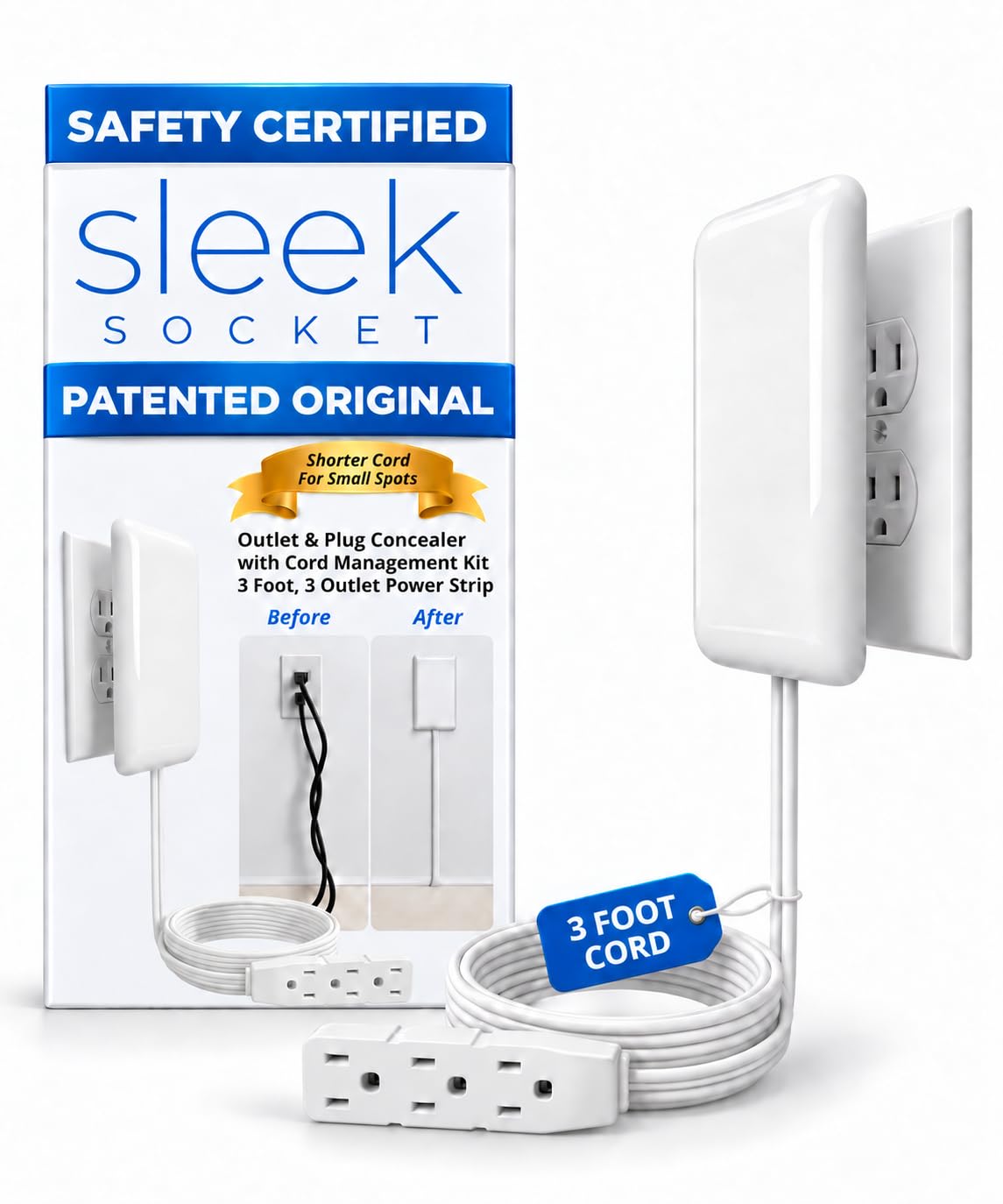 Sleek Socket Original & Patented Ultra-Thin Outlet Concealer with Cord Concealer Kit, Flat Extension Cord with Multi Outlets Power Strip, Ideal for Home Improvement, Hide Bulky and Messy Cords