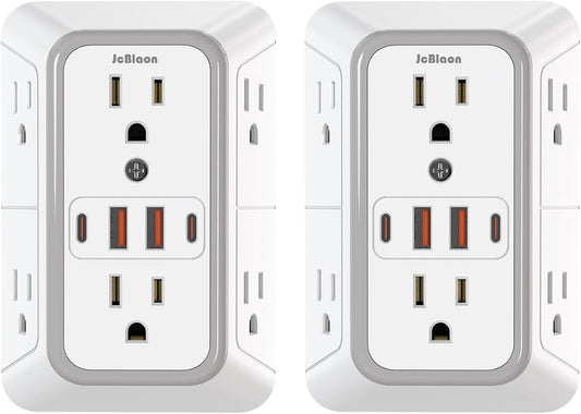2 Pack Outlet Extender Surge Protector, 6 Outlet Splitter with 4 USB Outlet (2 USB A,2 USB C), 3Sided Power Strip with Adapter Spaced Outlets for Home, Office, Travel(White)-ETL