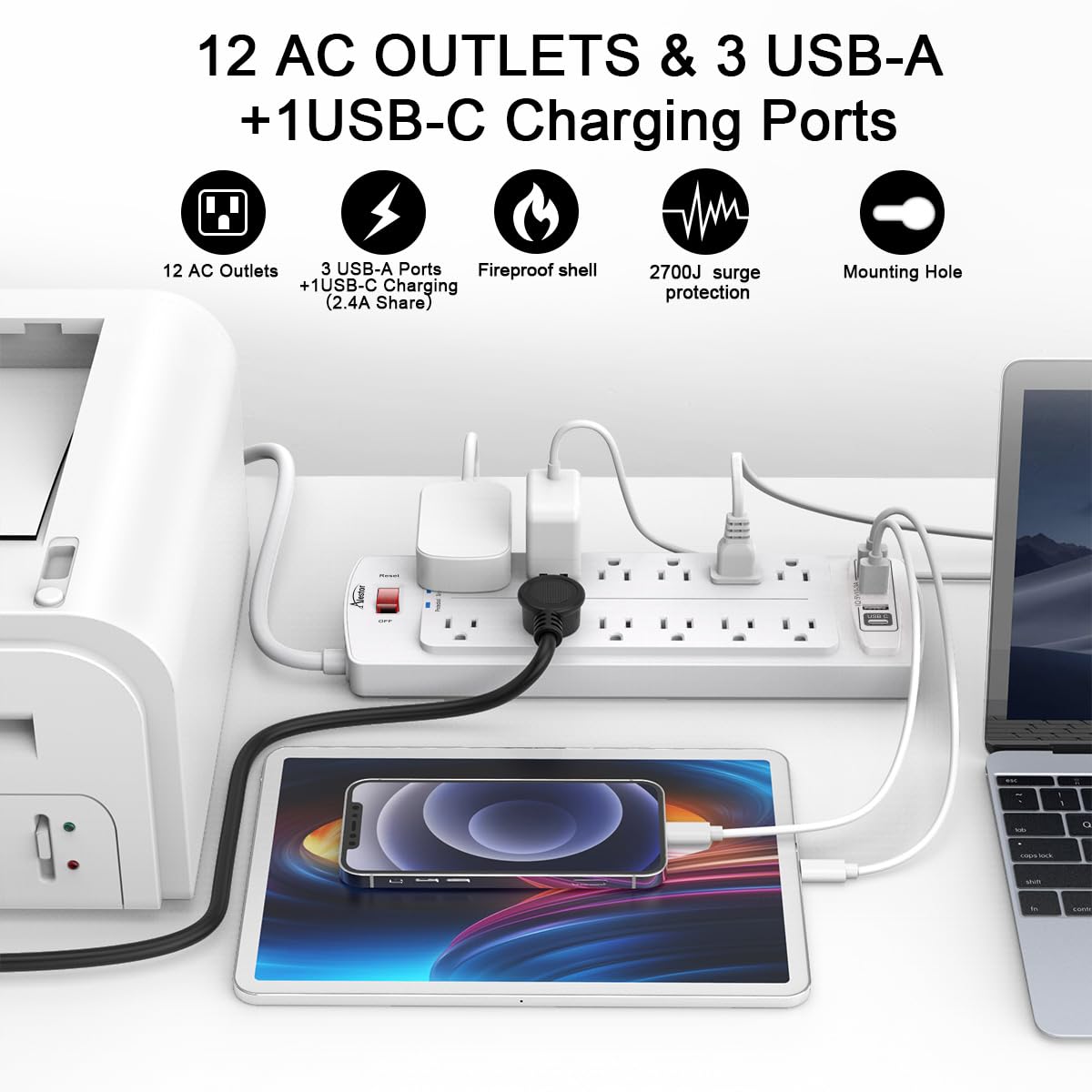 ALESTOR 10 Ft Surge Protector Power Strip with 12 Outlets and 4 USB Ports