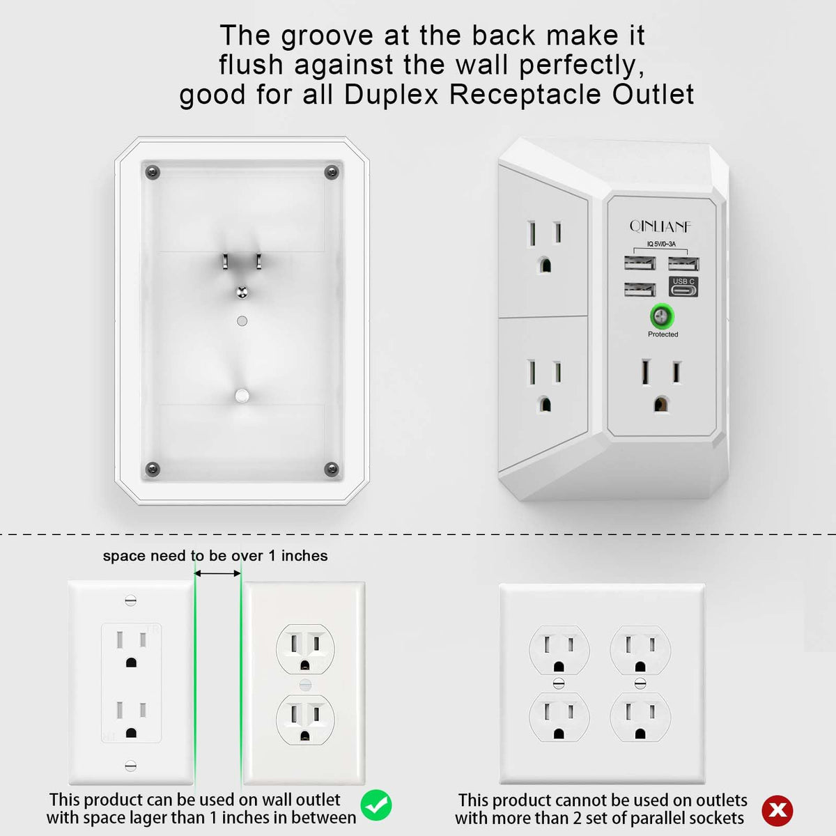 Surge Protector, QINLIANF 5 Outlet Extender with 4 USB Ports(2USB-C)