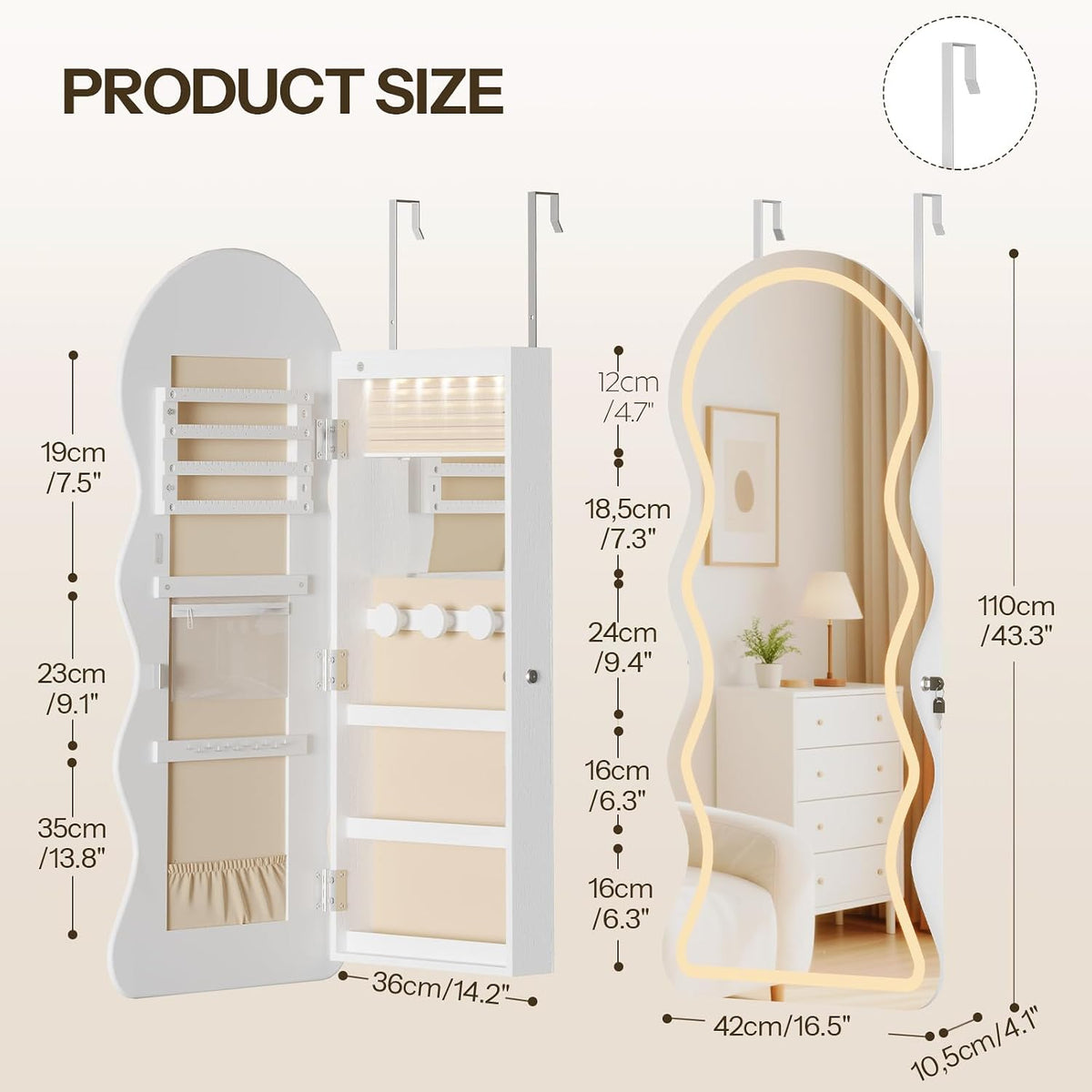 HOOBRO LED Mirror Jewelry Cabinet, Wall/Door Mounted Jewelry Organizer