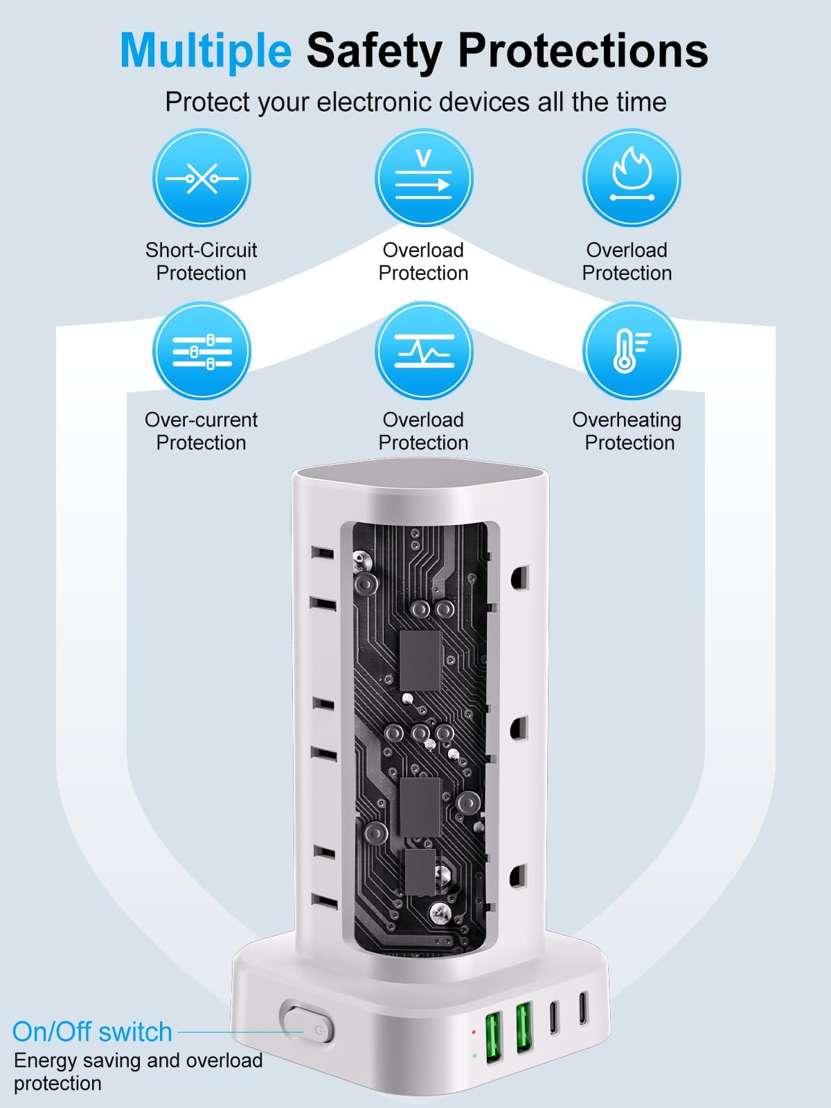 6FT Power Strip Tower Surge Protector, 12 Wide Spaced Outlets, 4 USB